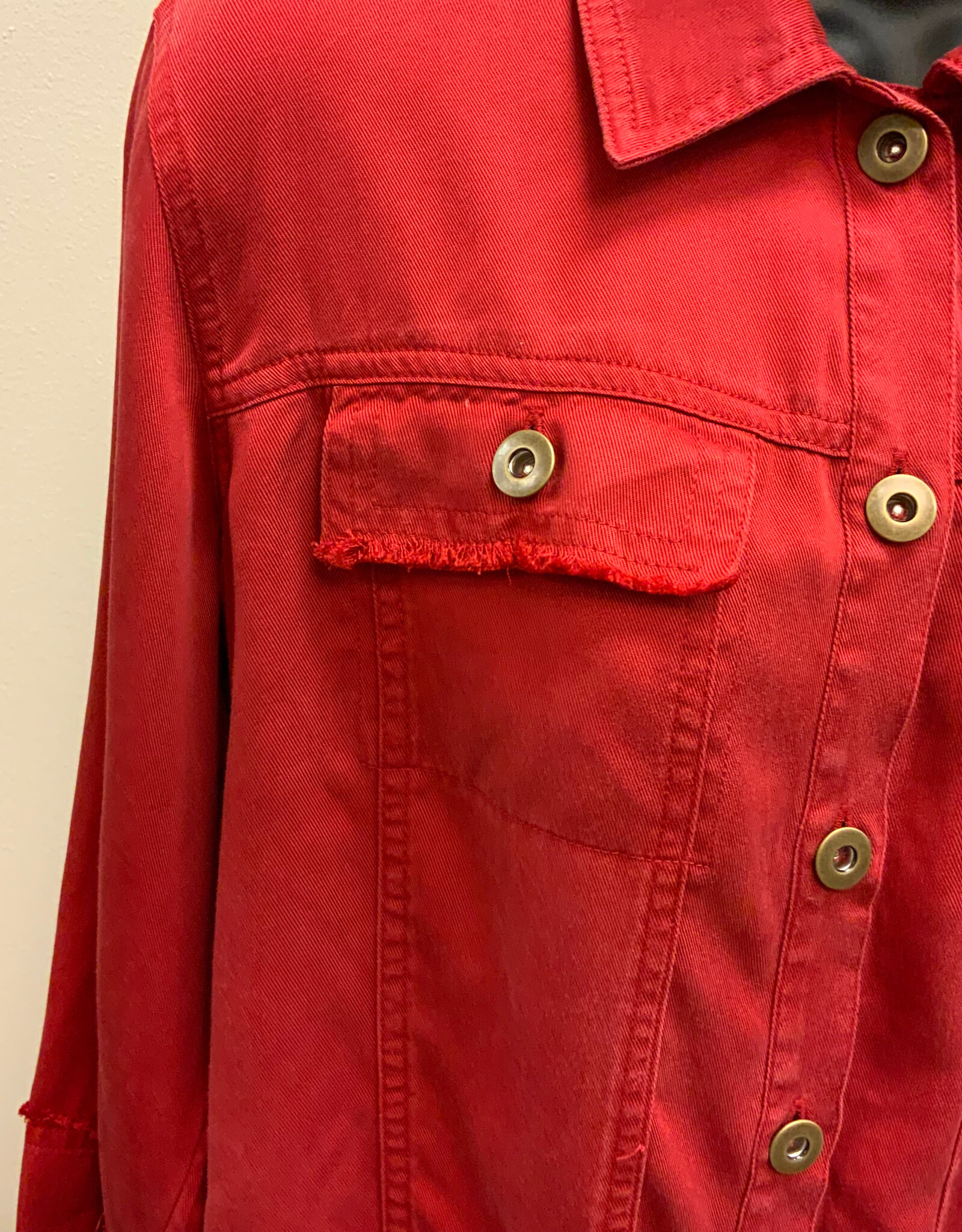 Multiples Multiples Petite Chili Pepper Cuffed 3/4 Sleeve Drop Shoulder 2-Pkt Button Front Fringe Trim Jacket AS