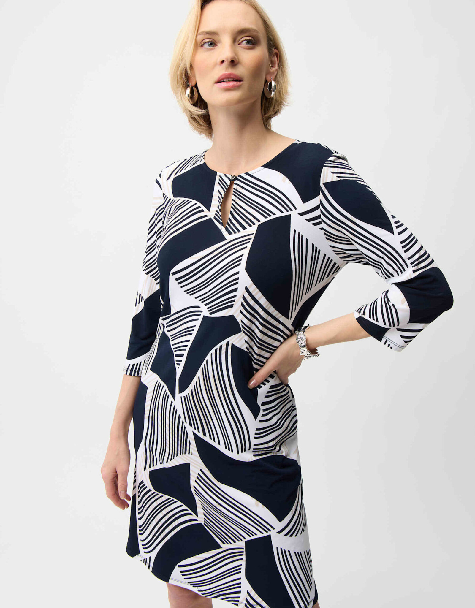 Joseph Ribkoff Joseph Ribkoff Navy Silky Knit Geo Print Dress w/Keyhole Neckline