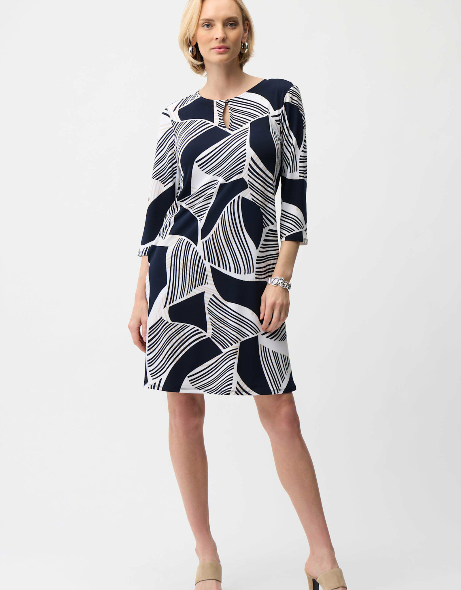 Joseph Ribkoff Joseph Ribkoff Navy Silky Knit Geo Print Dress w/Keyhole Neckline