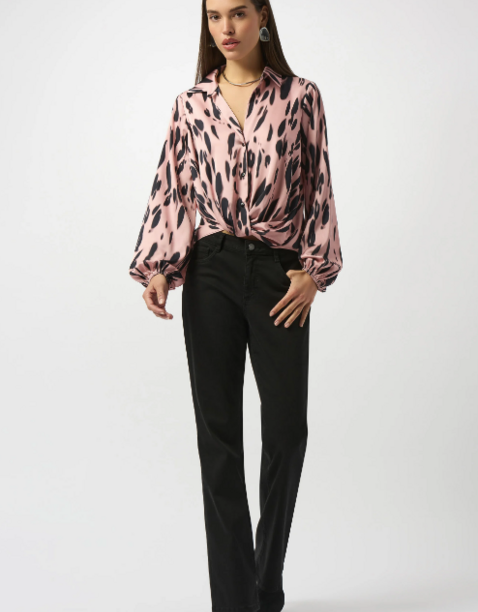 Joseph Ribkoff Joseph Ribkoff Pink/Black Recycled Satin Animal Print Draped Top
