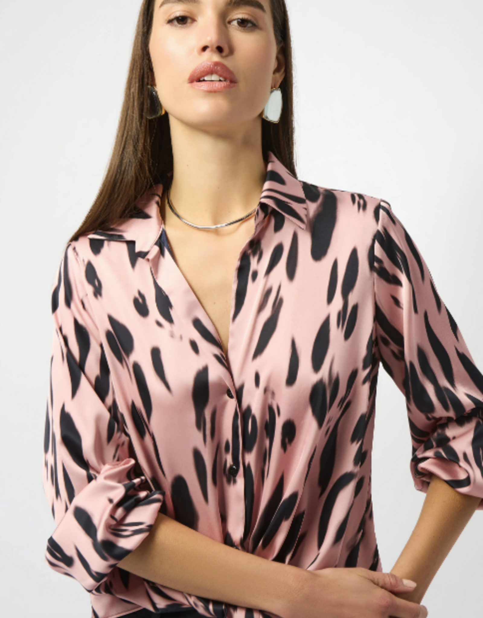 Joseph Ribkoff Joseph Ribkoff Pink/Black Recycled Satin Animal Print Draped Top