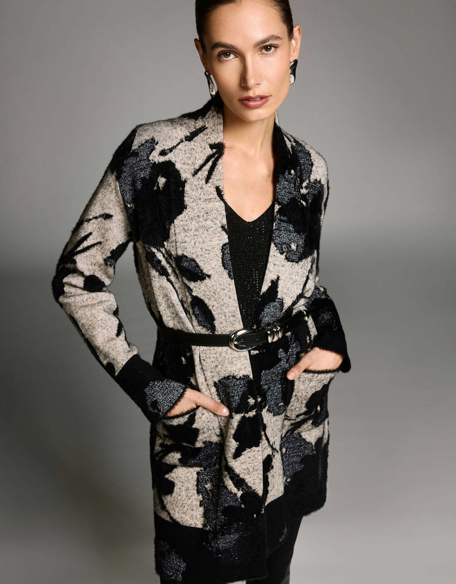 Joseph Ribkoff Joseph Ribkoff Chmpgn/Blk Jacquard Sweater Knit Cardigan