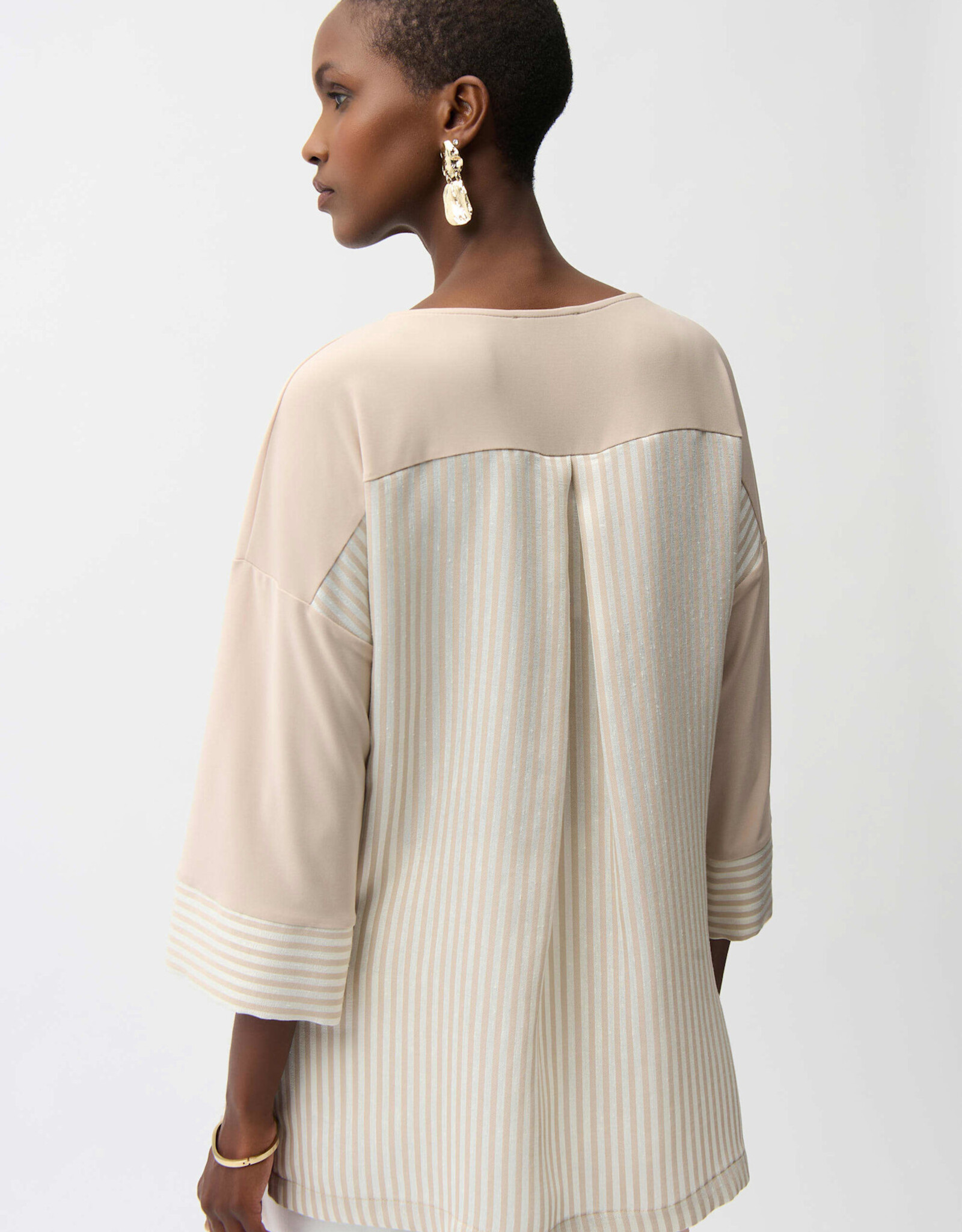 Joseph Ribkoff Joseph Ribkoff Beige Silky Knit Woven Stripe Top High Low Hem