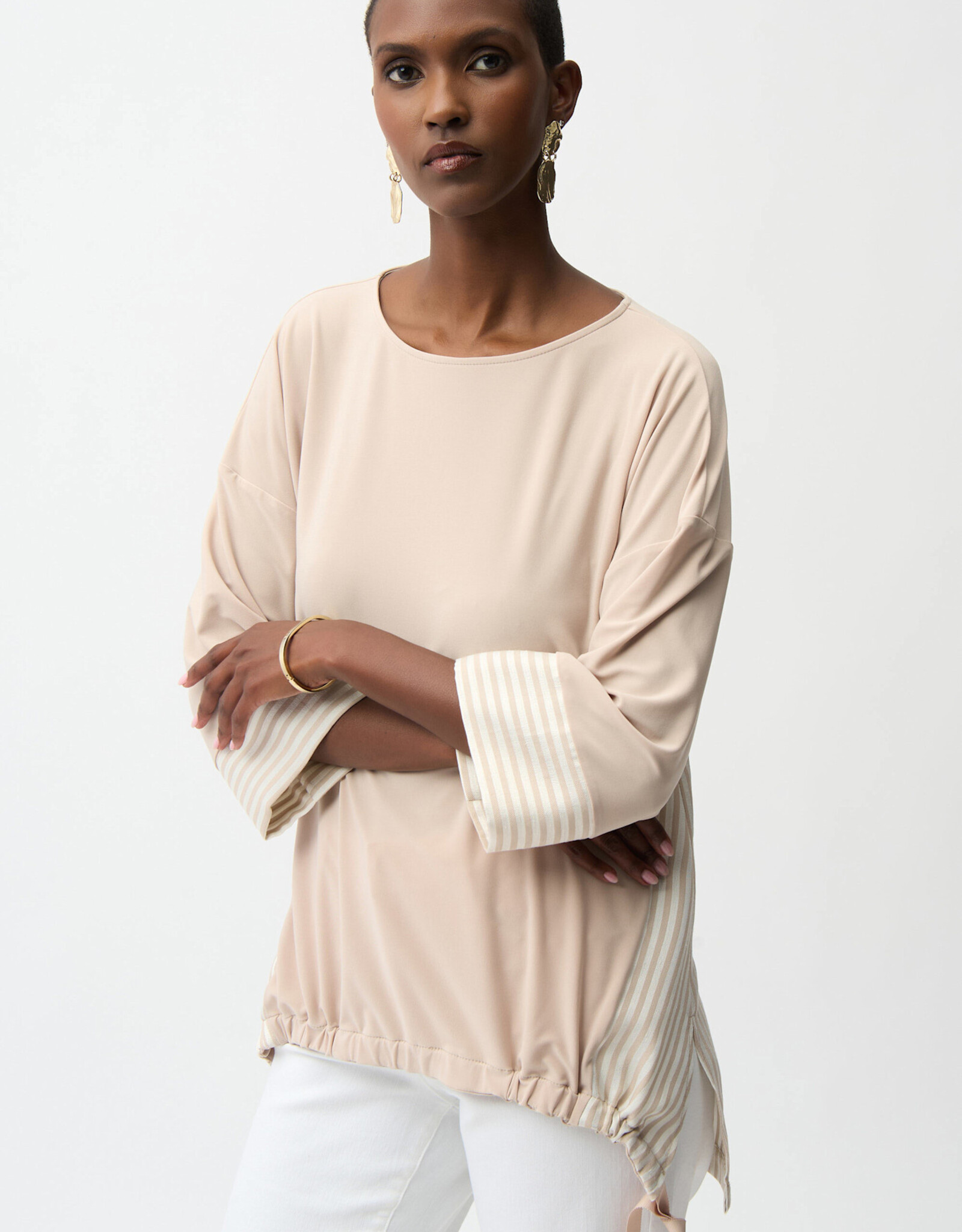 Joseph Ribkoff Joseph Ribkoff Beige Silky Knit Woven Stripe Top High Low Hem