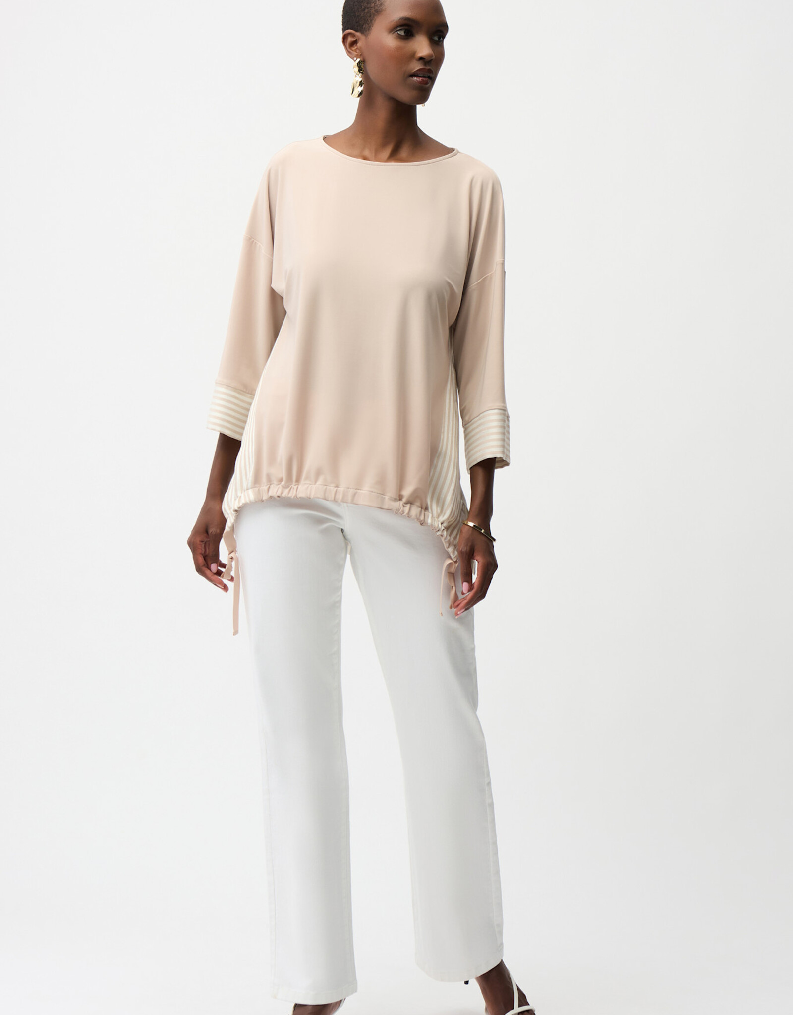 Joseph Ribkoff Joseph Ribkoff Beige Silky Knit Woven Stripe Top High Low Hem