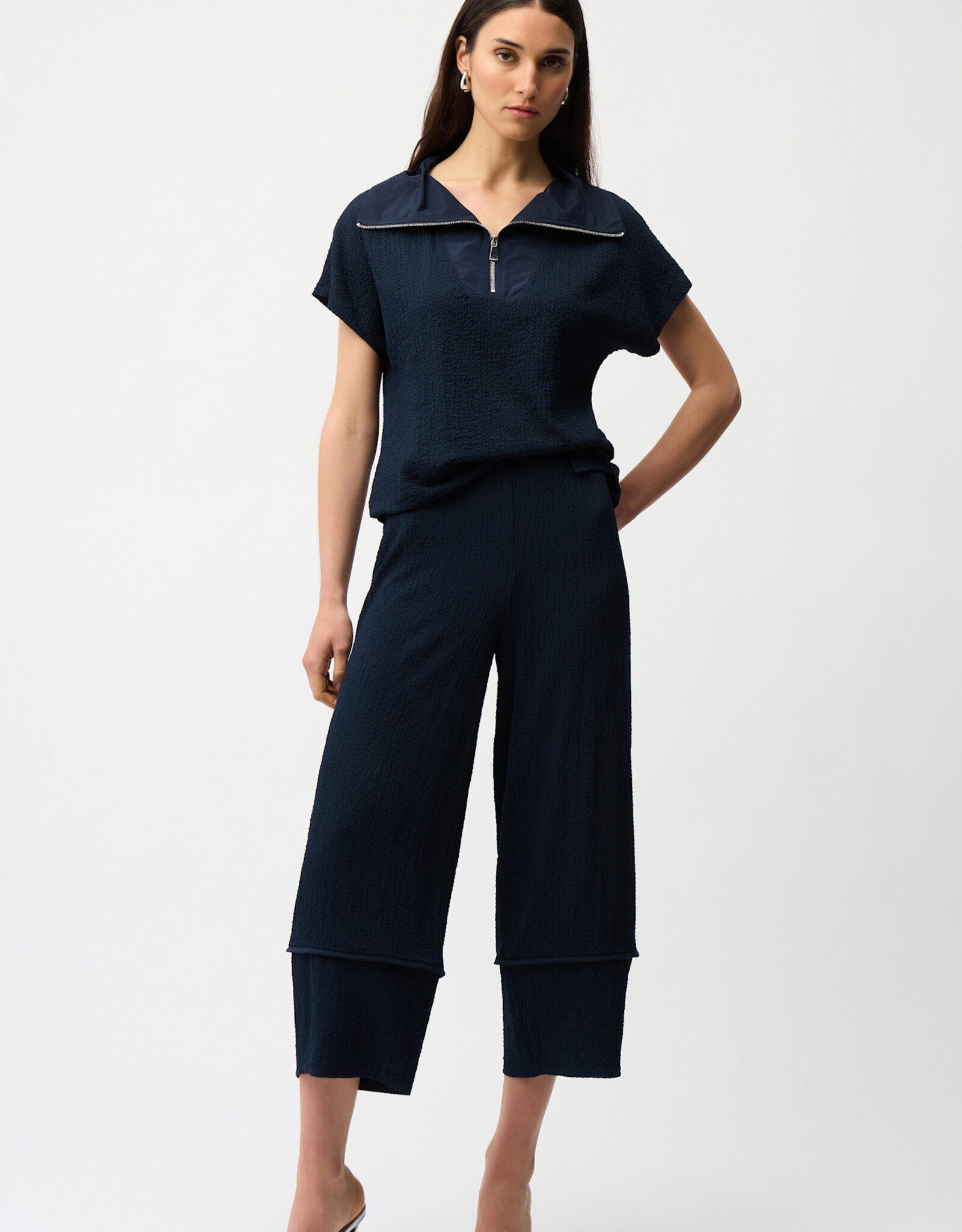 Joseph Ribkoff Joseph Ribkoff Midnight Blue Seersucker Boxy Top w/Memory Collar