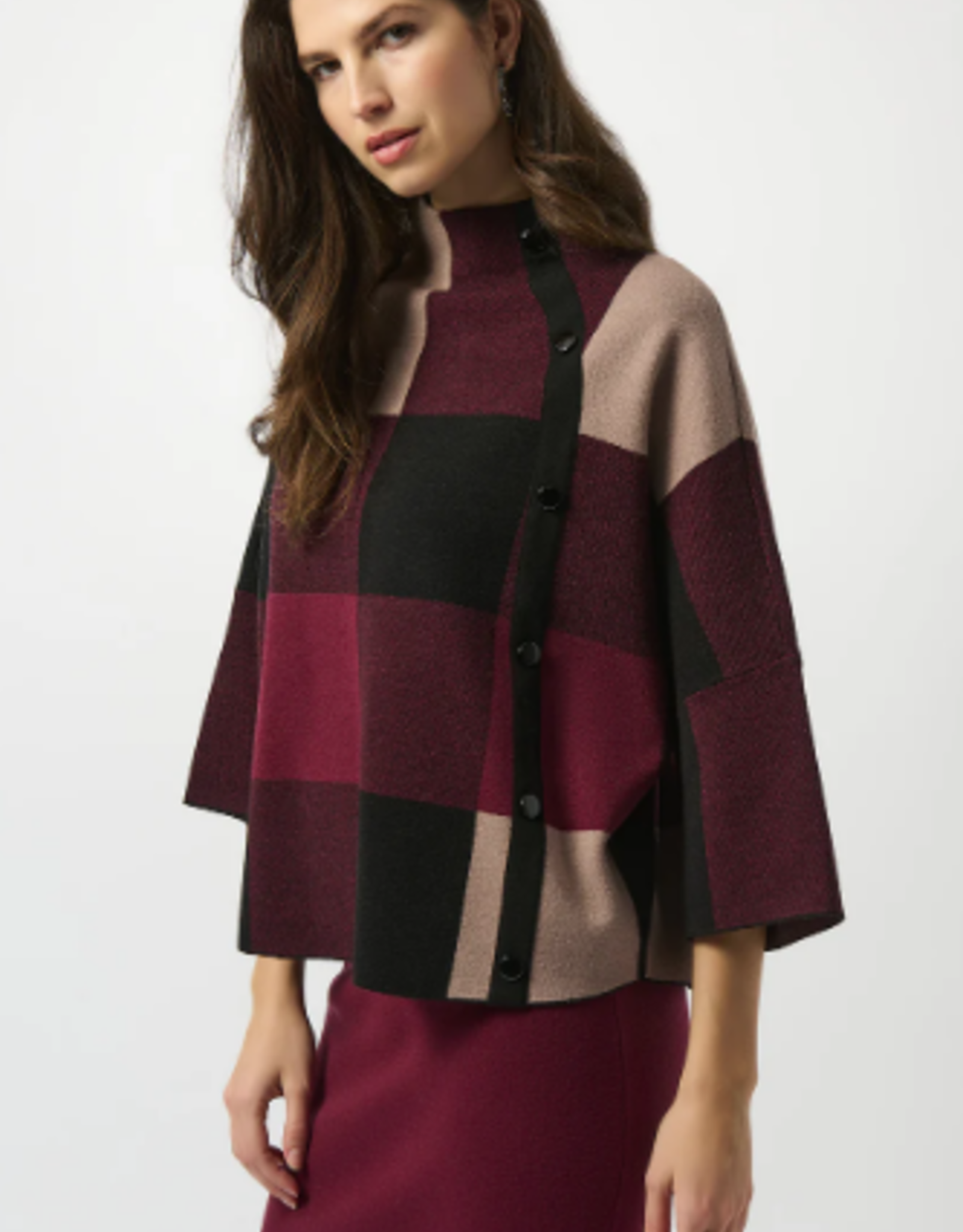 Joseph Ribkoff Joseph Ribkoff  Merlot Multi Print Stand Up Collar 3/4 Sleeve SA