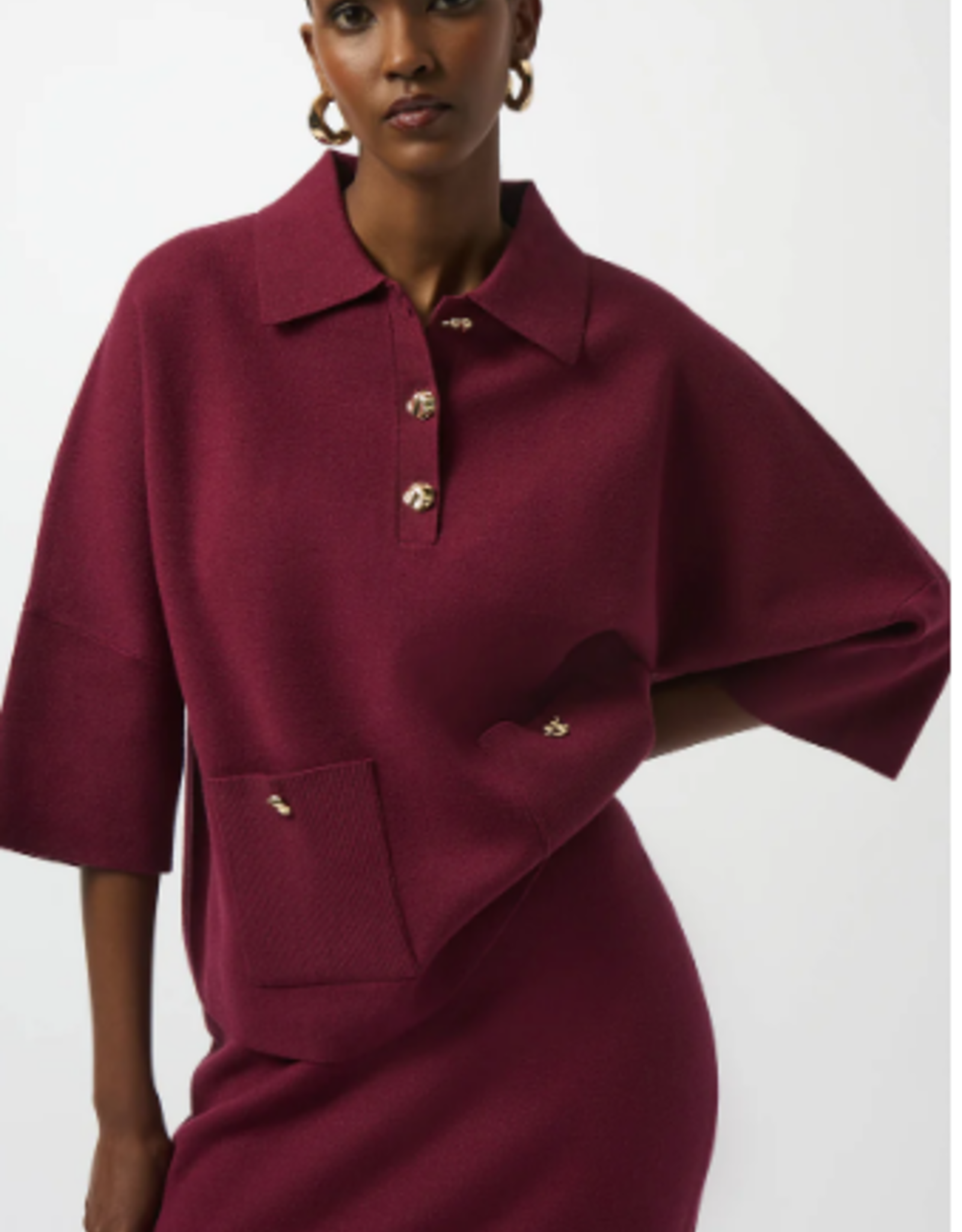 Joseph Ribkoff Joseph Ribkoff  Merlot Collar 1/4 Button Up  3/4 Sleeve Sweater SO