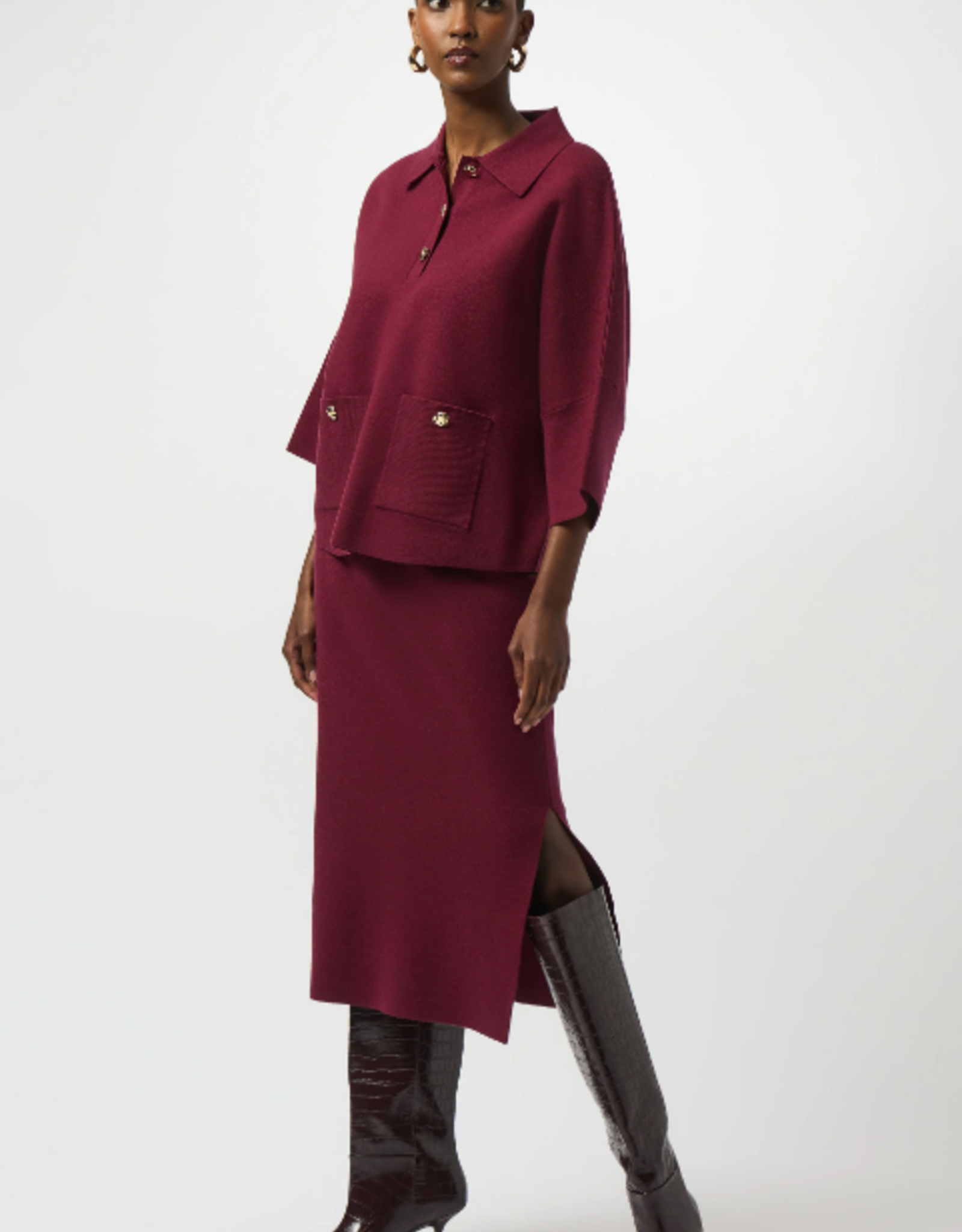 Joseph Ribkoff Joseph Ribkoff Merlot Knit Boxy Pullover w/Polo Collar Sweater