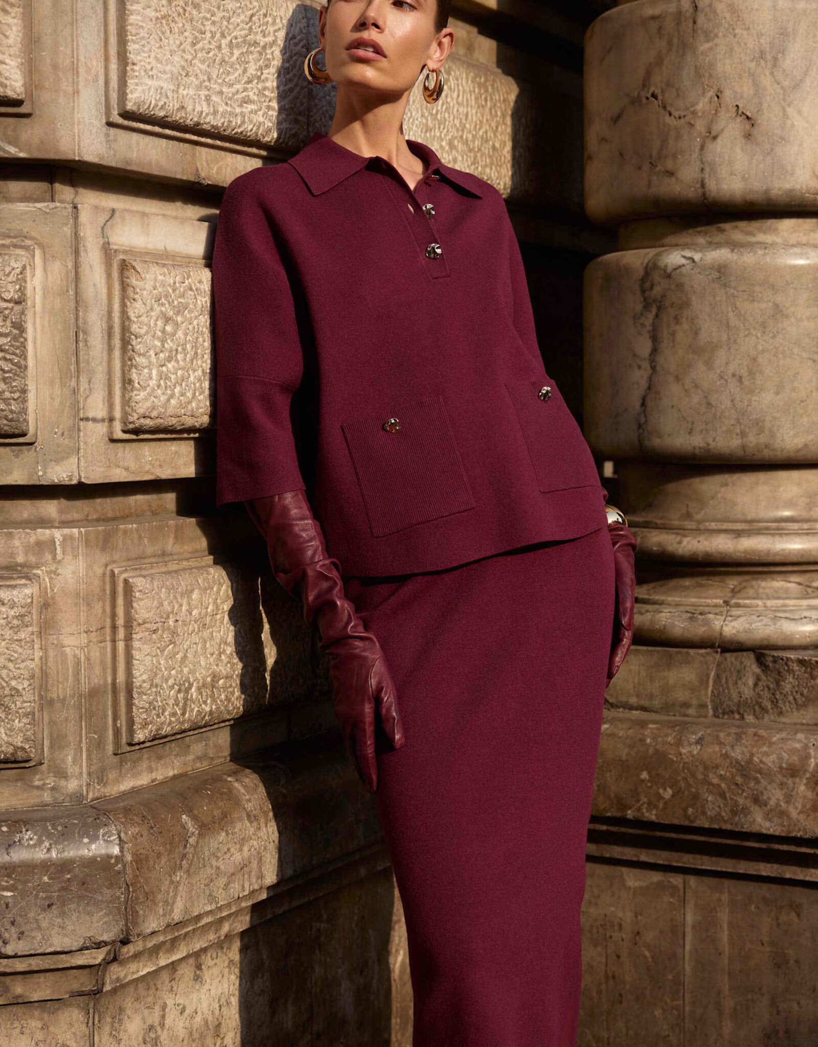 Joseph Ribkoff Joseph Ribkoff Merlot Knit Boxy Pullover w/Polo Collar Sweater