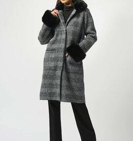Joseph Ribkoff Joseph Ribkoff Blk/Wht Feather Yarn Plaid Jacquard Coat w/Faux Fur Trim