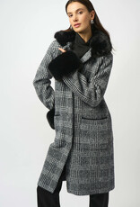Joseph Ribkoff Joseph Ribkoff Blk/Wht Feather Yarn Plaid Jacquard Coat w/Faux Fur Trim Joseph Ribkoff Joseph Ribkoff Blk/Wht Feather Yarn Plaid Jacquard Coat w/Faux Fur Trim