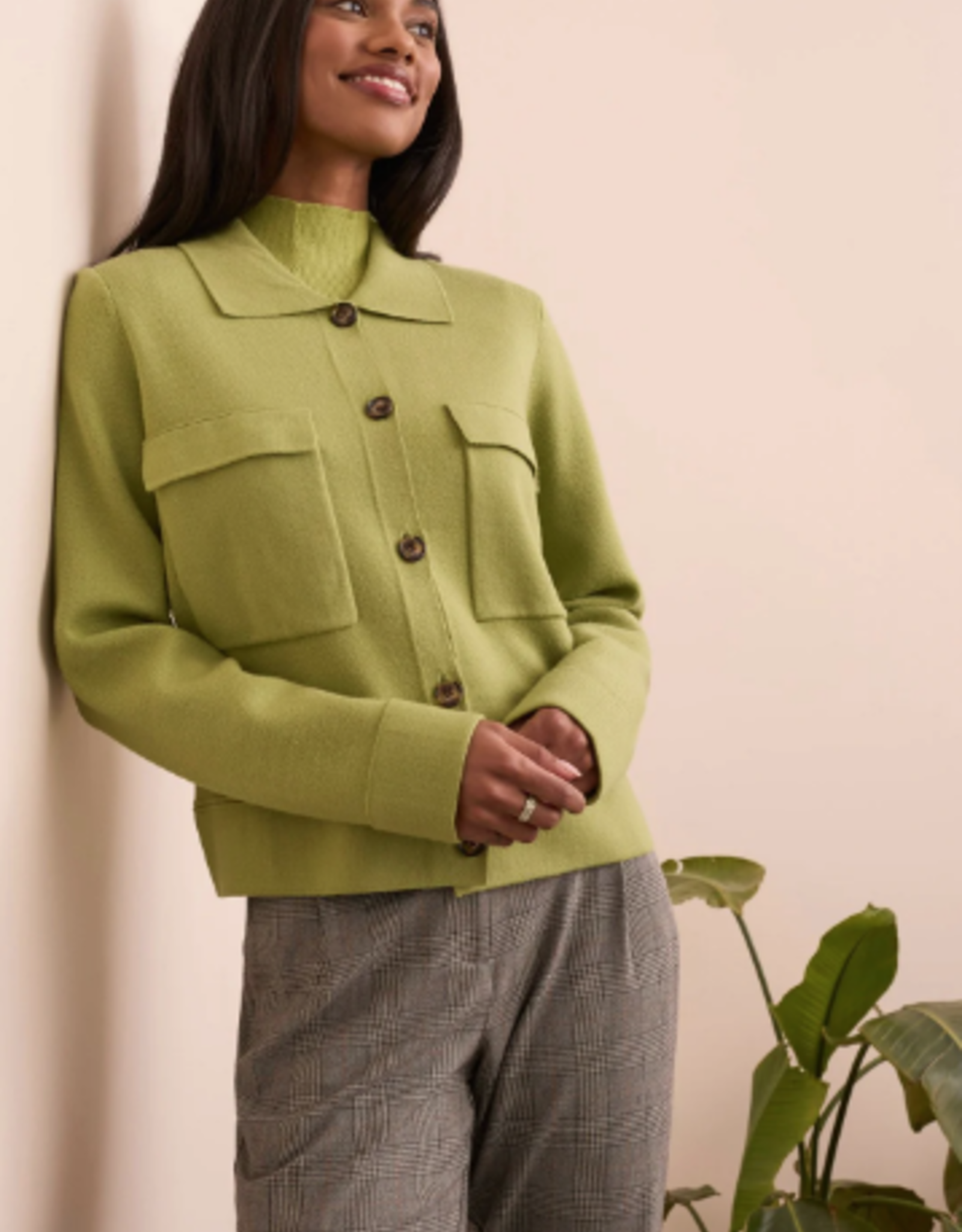 Tribal Tribal Wasabi Double Knit Collared Sweater Cardigan