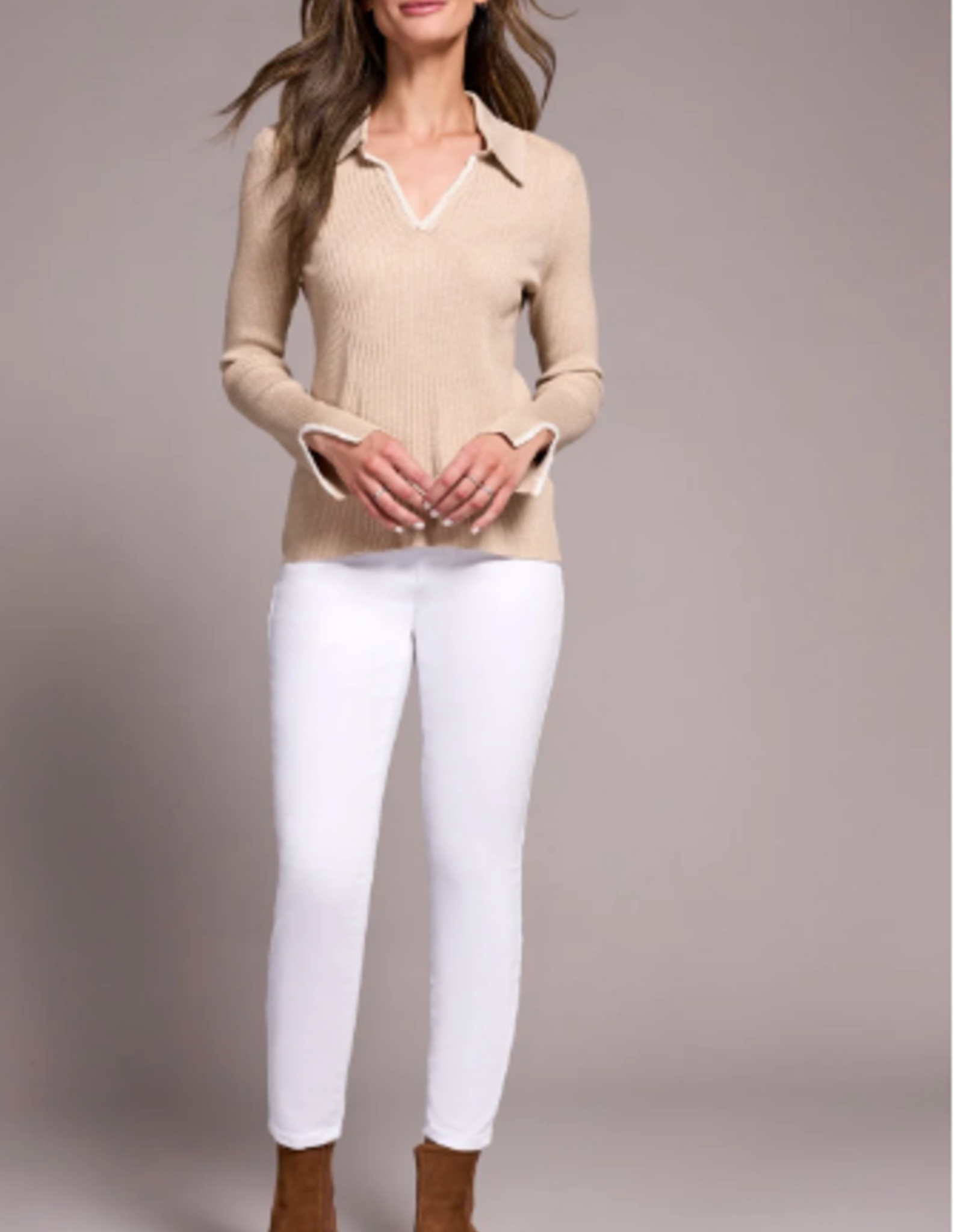 Tribal Tribal H. Latte L/S Polo Sweater W/Blanket Stitch AS