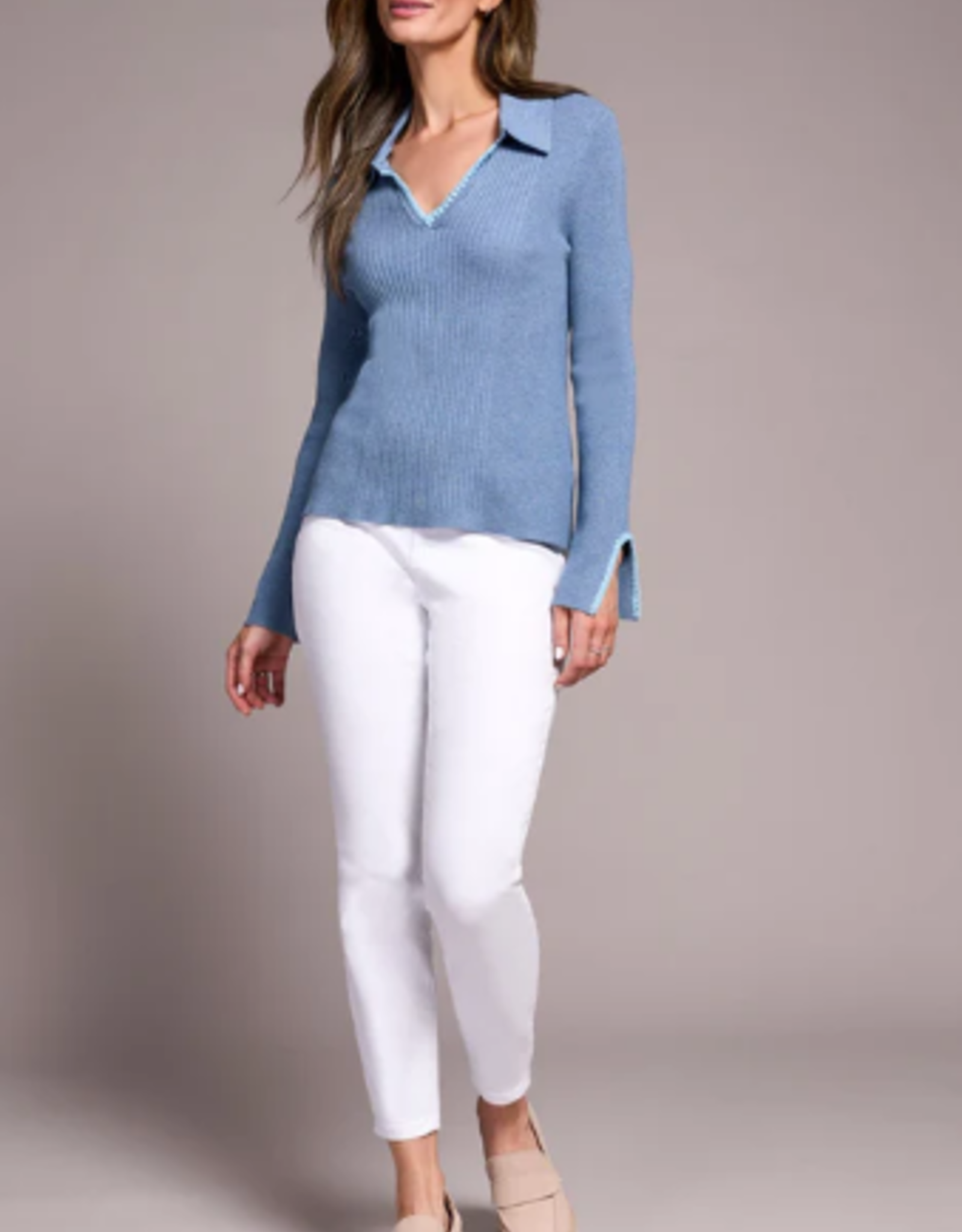 Tribal Tribal H. Slate L/S Polo Sweater W/Blanket Stitch AS