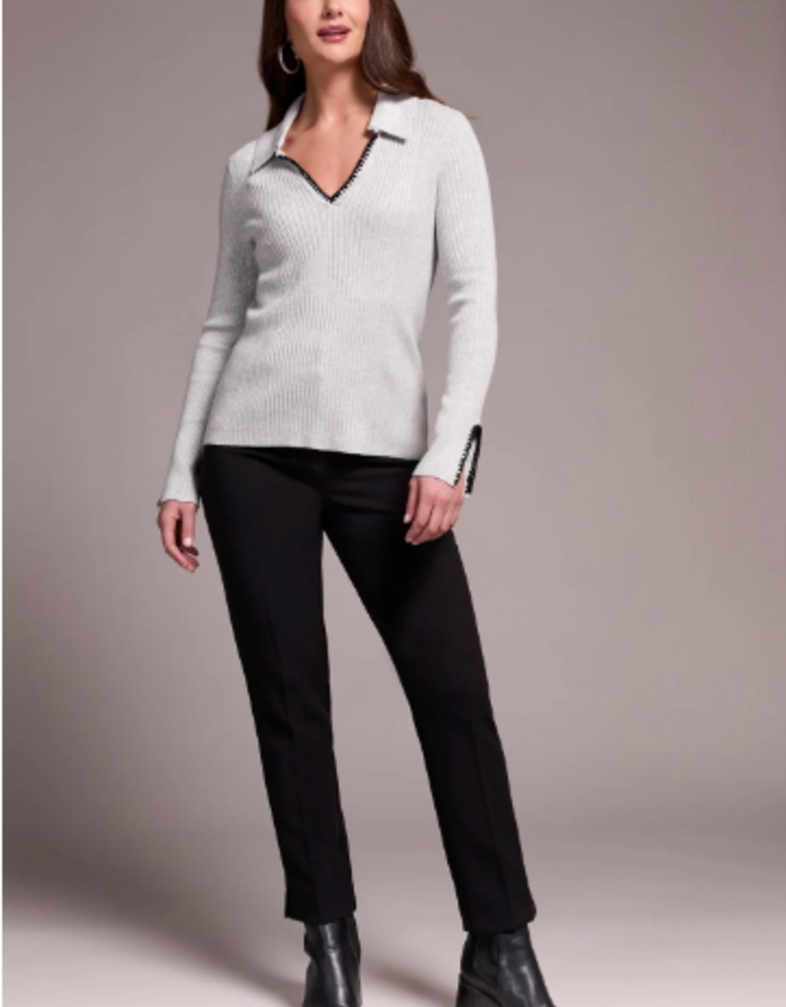 Tribal Tribal Grey Mix L/S Polo Sweater W/Blanket Stitch AS