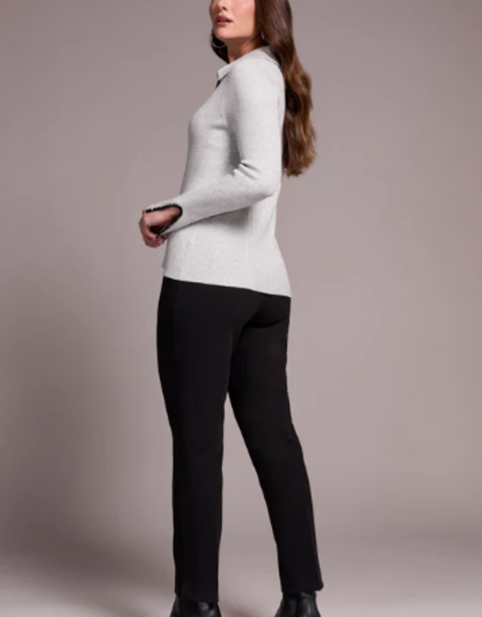 Tribal Tribal Grey Mix L/S Polo Sweater W/Blanket Stitch AS