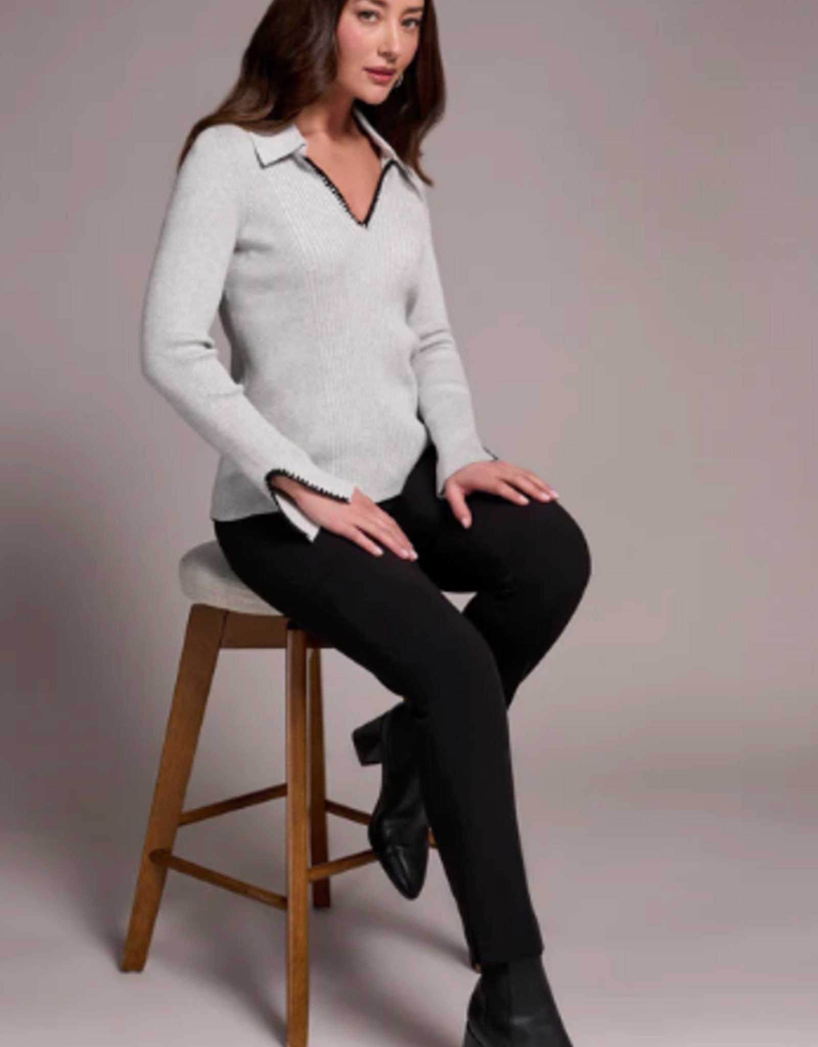 Tribal Tribal Grey Mix L/S Polo Sweater W/Blanket Stitch AS