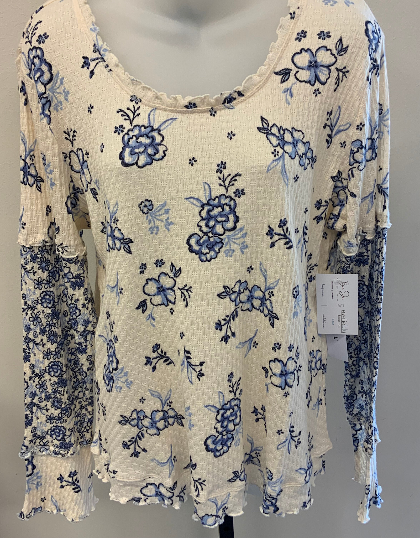 Tribal Tribal 2328O Slate Blue L/S Scoop Neck Top W/Frill LS