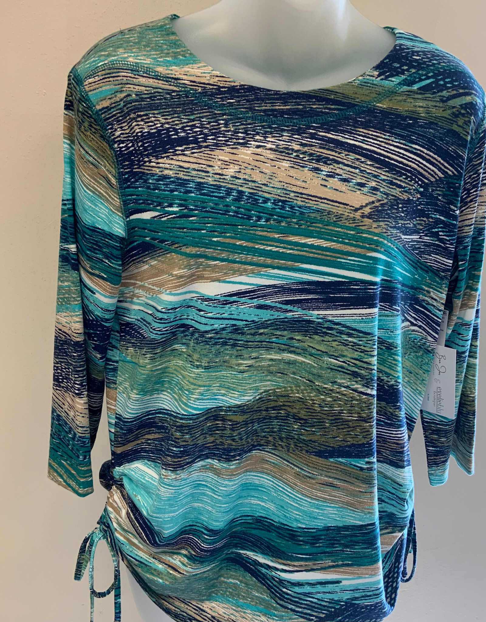 L.Hamrick L. Hamrick 42N1 Moss Stone Teal Cream 3/4 Sleeve Print Top BO