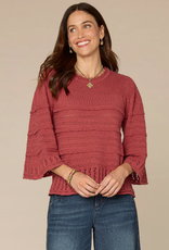 Democracy Democracy Petite Mahogany 3/4 Bell Sleeve Round Neck Scalloped Edge Varigated Stitch Sweater