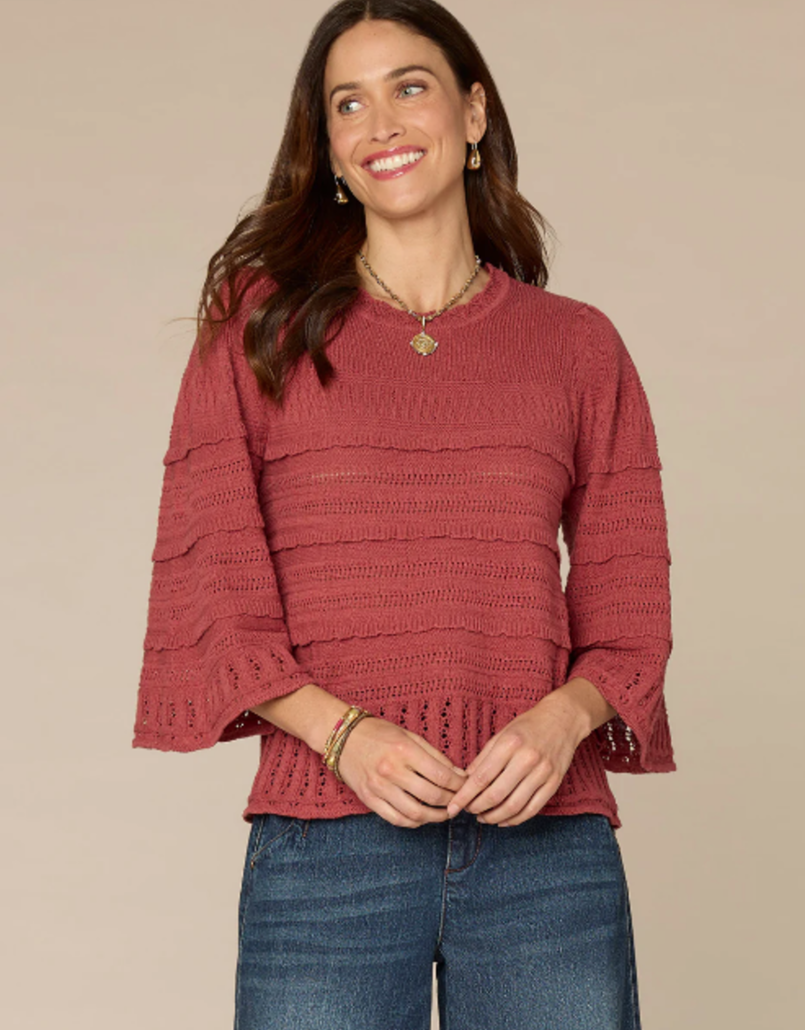 Democracy Democracy Petite Mahogany 3/4 Bell Sleeve Round Neck Scalloped Edge Varigated Stitch Sweater