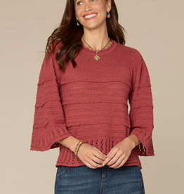 Democracy Democracy Petite Mahogany 3/4 Bell Sleeve Round Neck Scalloped Edge Varigated Stitch Sweater