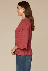 Democracy Democracy Petite Mahogany 3/4 Bell Sleeve Round Neck Scalloped Edge Varigated Stitch Sweater