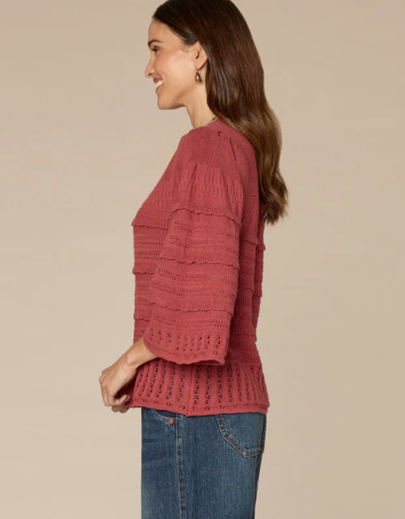 Democracy Democracy Petite Mahogany 3/4 Bell Sleeve Round Neck Scalloped Edge Varigated Stitch Sweater