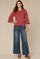 Democracy Democracy Petite Mahogany 3/4 Bell Sleeve Round Neck Scalloped Edge Varigated Stitch Sweater
