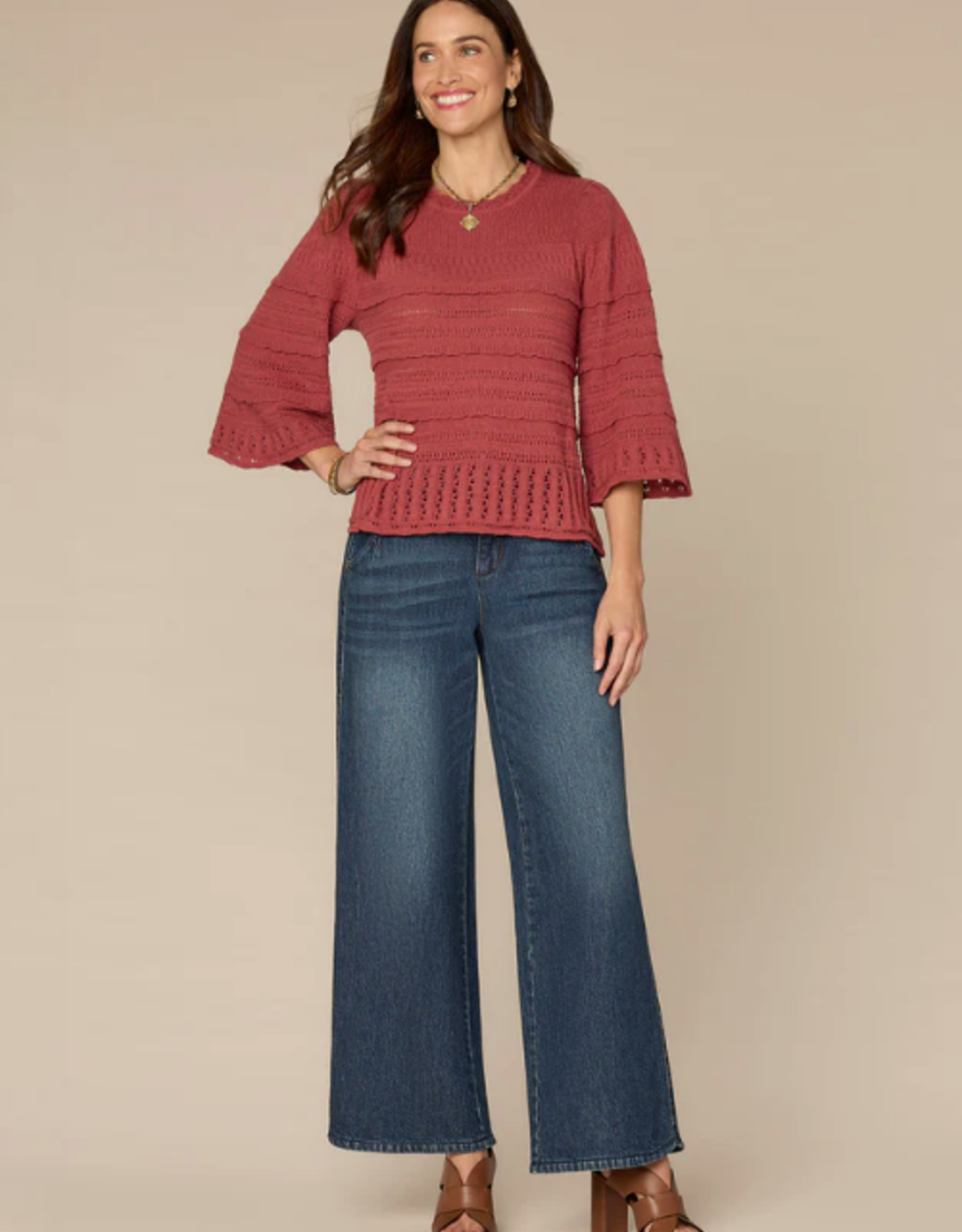 Democracy Democracy Petite Mahogany 3/4 Bell Sleeve Round Neck Scalloped Edge Varigated Stitch Sweater
