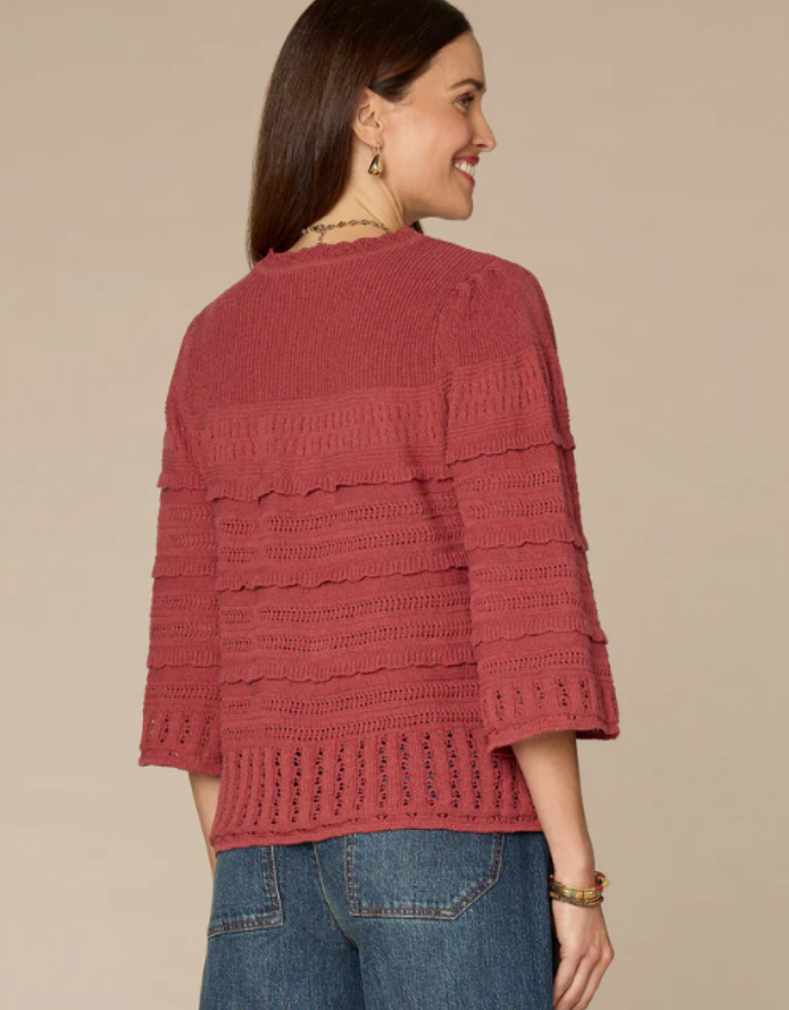 Democracy Democracy Petite Mahogany 3/4 Bell Sleeve Round Neck Scalloped Edge Varigated Stitch Sweater