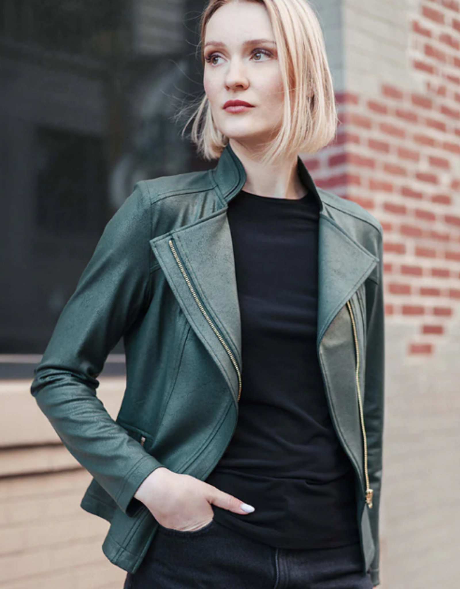 Clara Sun Woo Clara Sun Woo Jk161 Hunter Green Classic Liquid "Leather" Knit Jacket W/Hem Zip Details RB