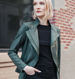 Clara Sun Woo Clara Sun Woo Jk161 Hunter Green Classic Liquid "Leather" Knit Jacket W/Hem Zip Details RB