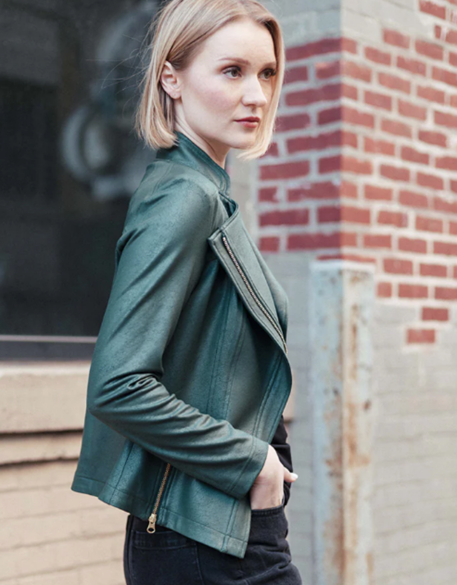 Clara Sun Woo Clara Sun Woo Jk161 Hunter Green Classic Liquid "Leather" Knit Jacket W/Hem Zip Details RB