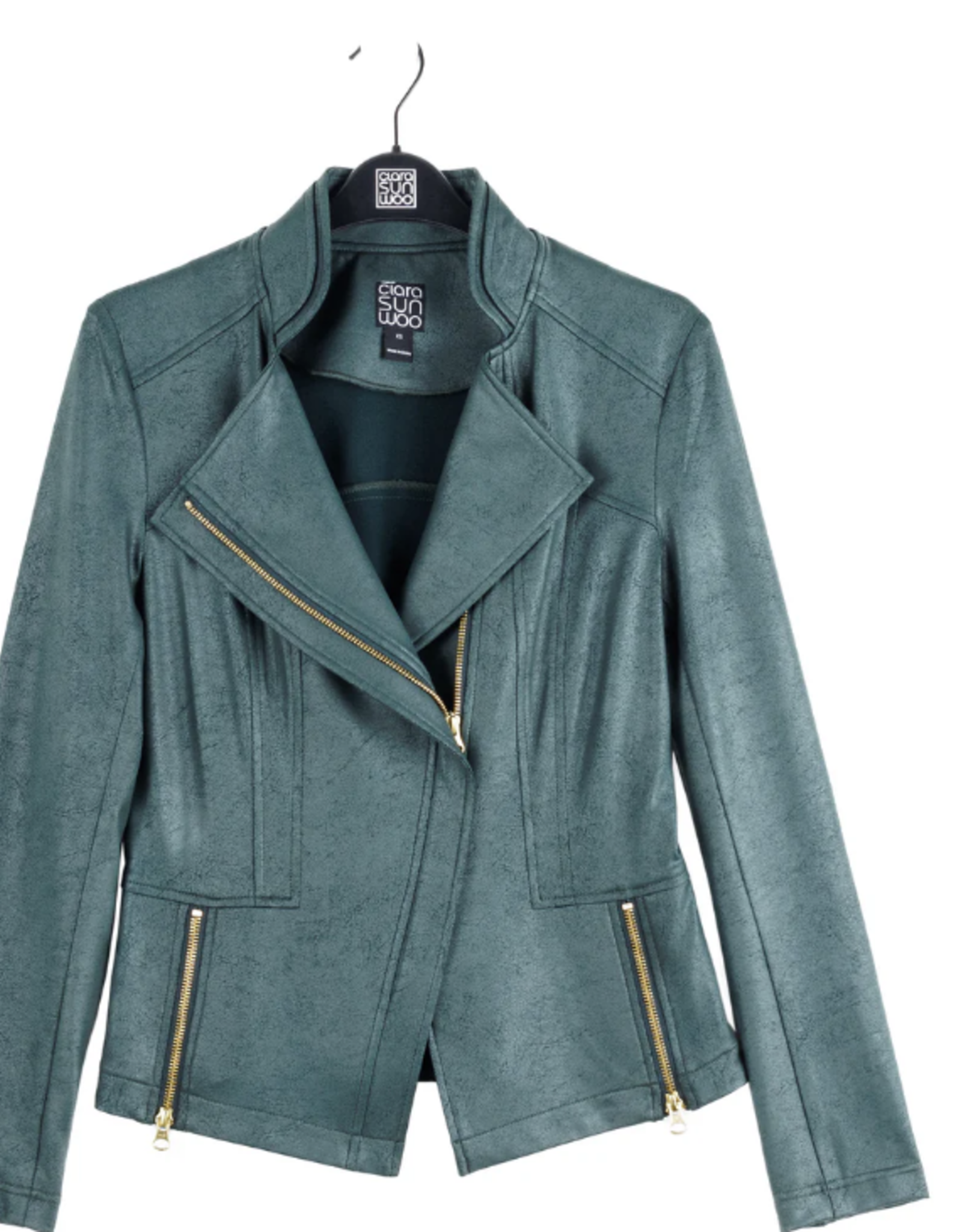 Clara Sun Woo Clara Sun Woo Jk161 Hunter Green Classic Liquid "Leather" Knit Jacket W/Hem Zip Details RB