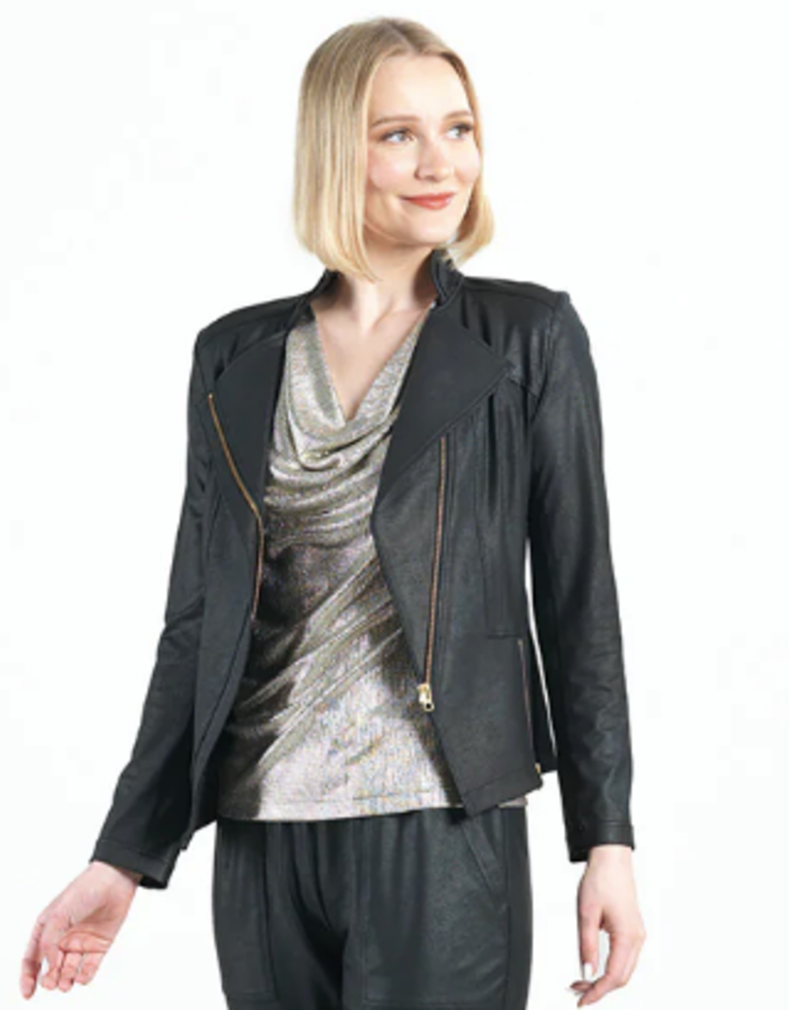 Clara Sun Woo Clara Sun Woo Black Classic Liquid "Leather" Knit Jacket W/Hem Zip Details RB