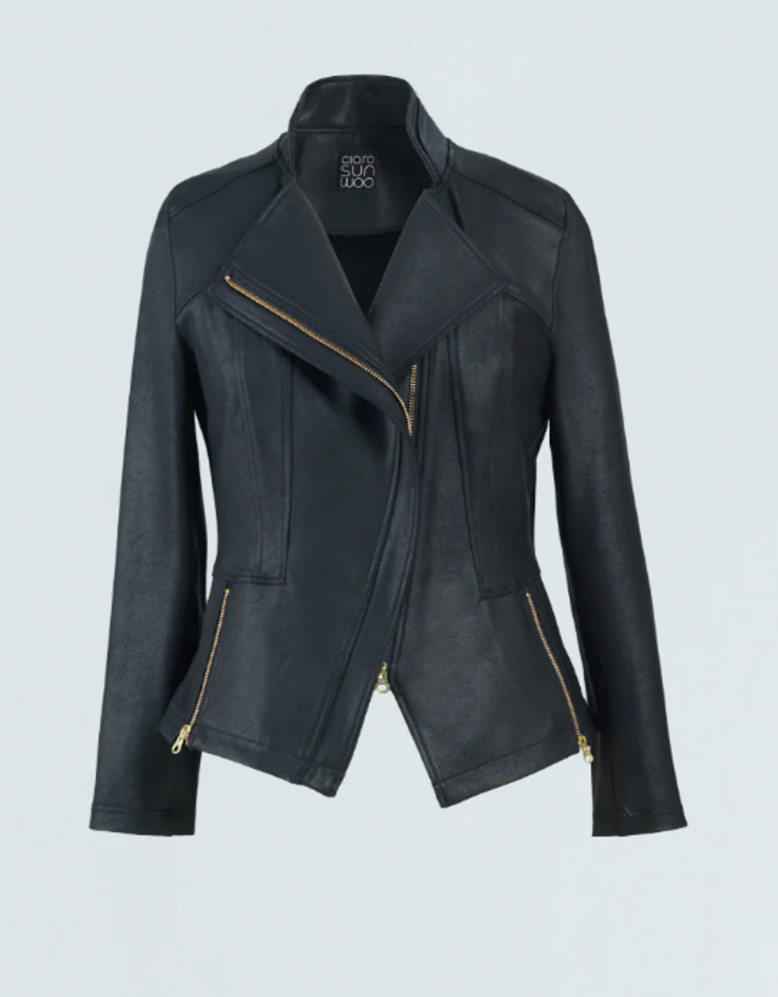 Clara Sun Woo Clara Sun Woo Black Classic Liquid "Leather" Knit Jacket W/Hem Zip Details RB
