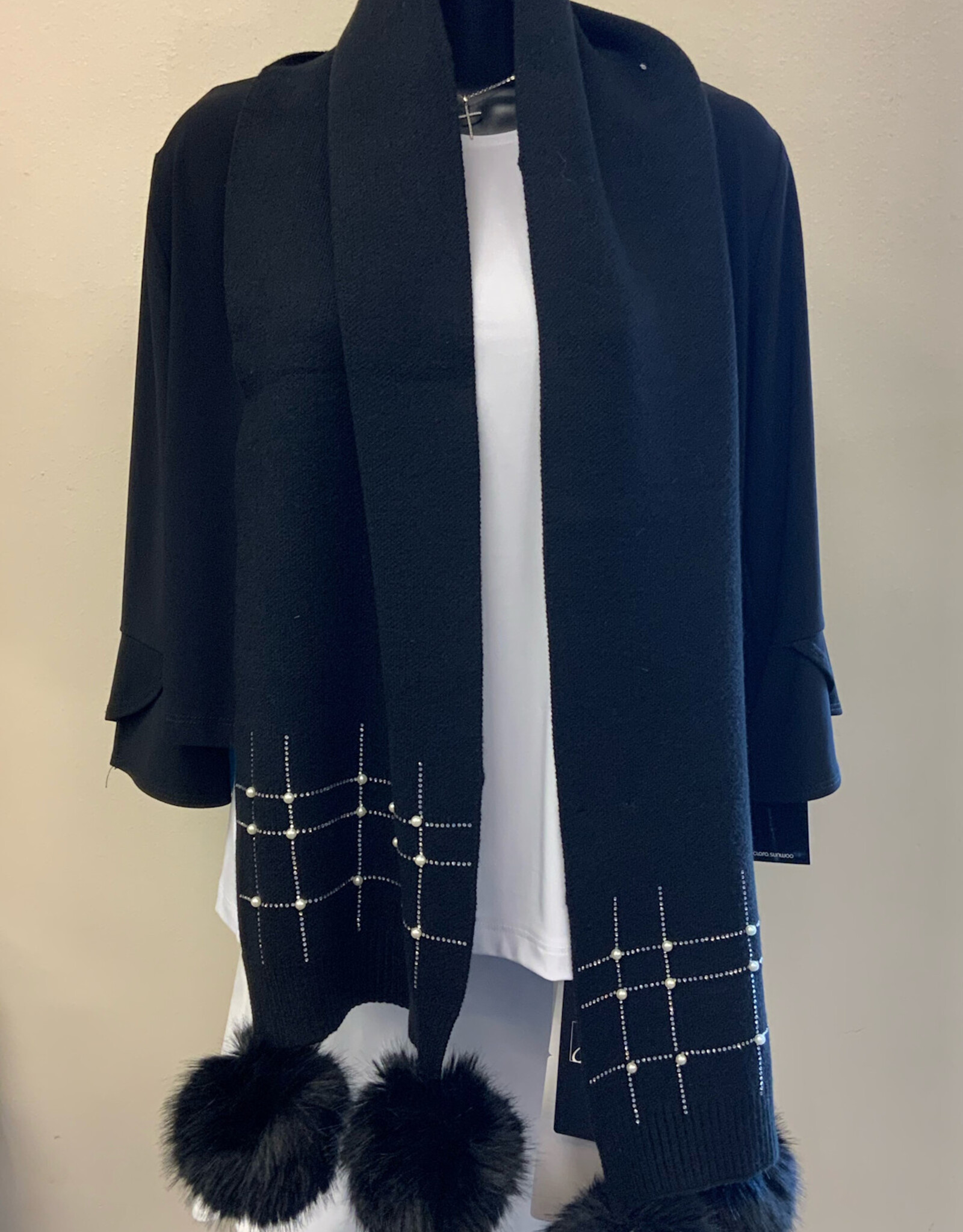 Joseph Ribkoff Joseph Ribkoff Black Knitted Faux Fur Pompom Scarf