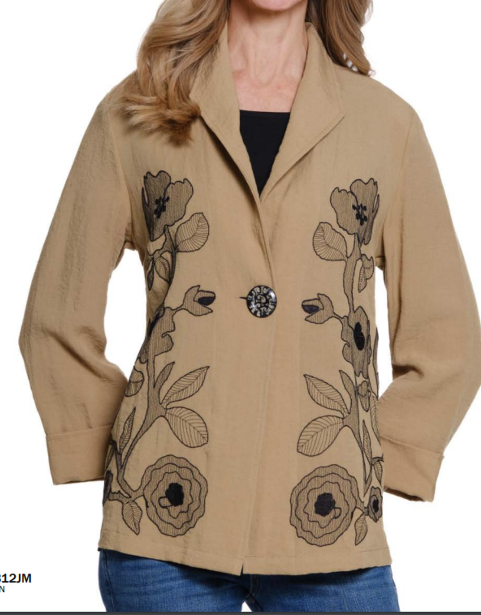 Multiples Multiples Tan 3/4 Turn-Up Slv 1-Button Front Shawl Collar Jacket W/Embroidery AS
