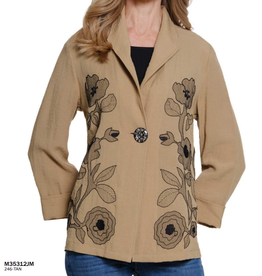 Multiples Multiples Tan 3/4 Turn-Up Slv 1-Button Front Shawl Collar Jacket W/Embroidery AS