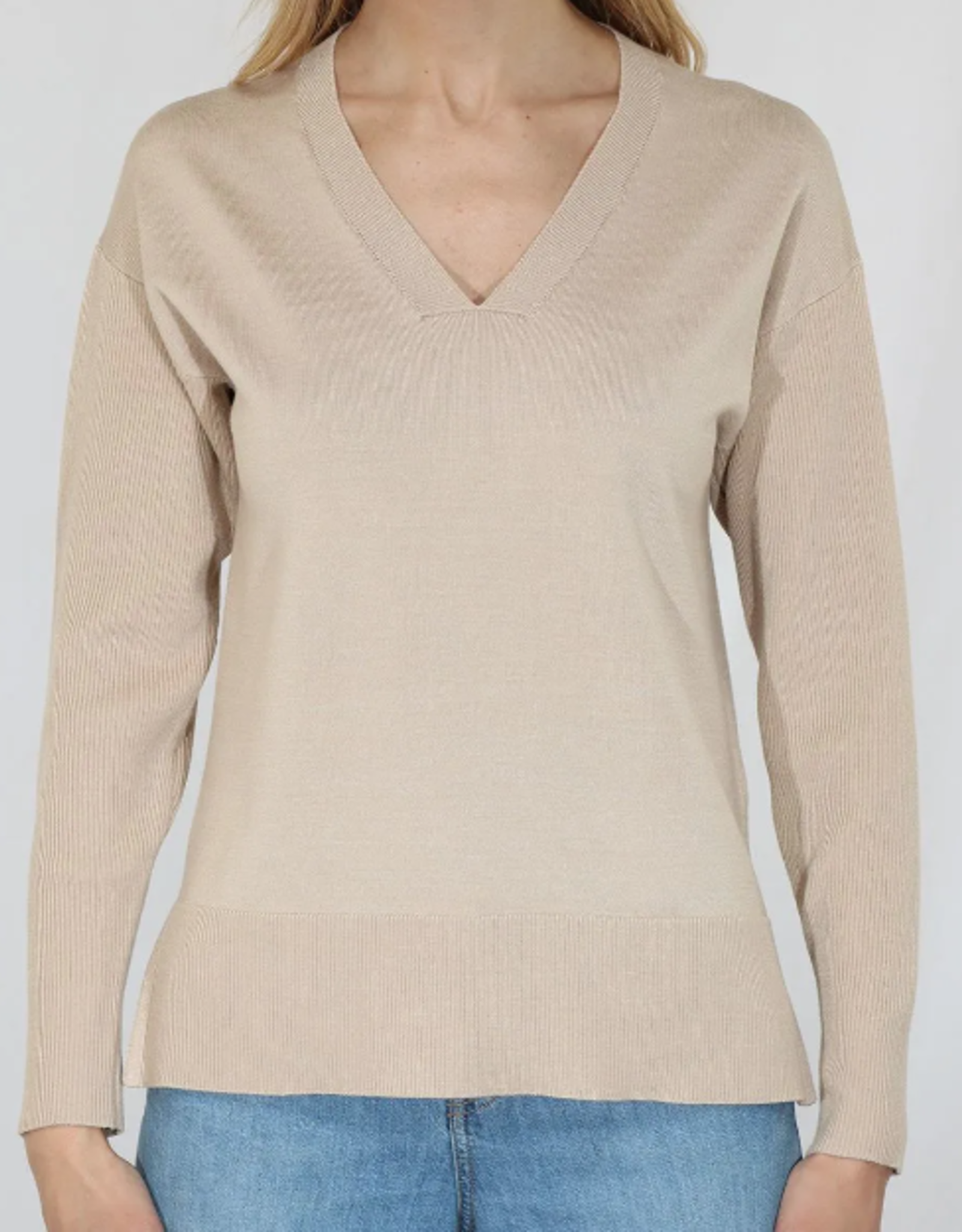 Metric Knits Metric Neutral Vneck Pullover W/Rib Slvs, Side Slits in Bottom AS