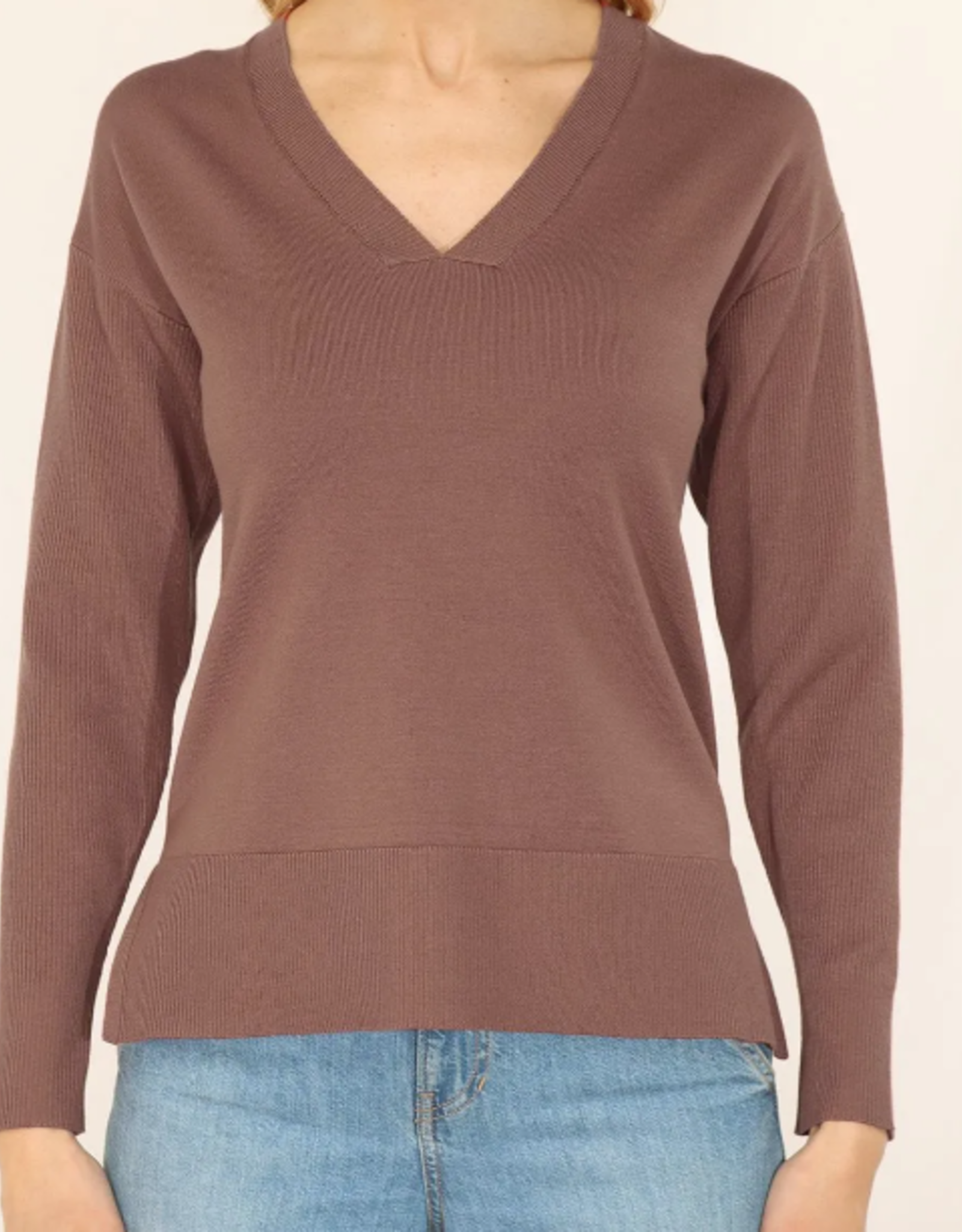 Metric Knits Metric 32533 Cognac Vneck Pullover W/Rib Slvs, Side Slits in Bottom AS