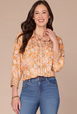 Democracy Democracy  Ivory Squash Multi 3/4 Slv Button Down Woven Shirt W/Scallop Edge Tipping LS