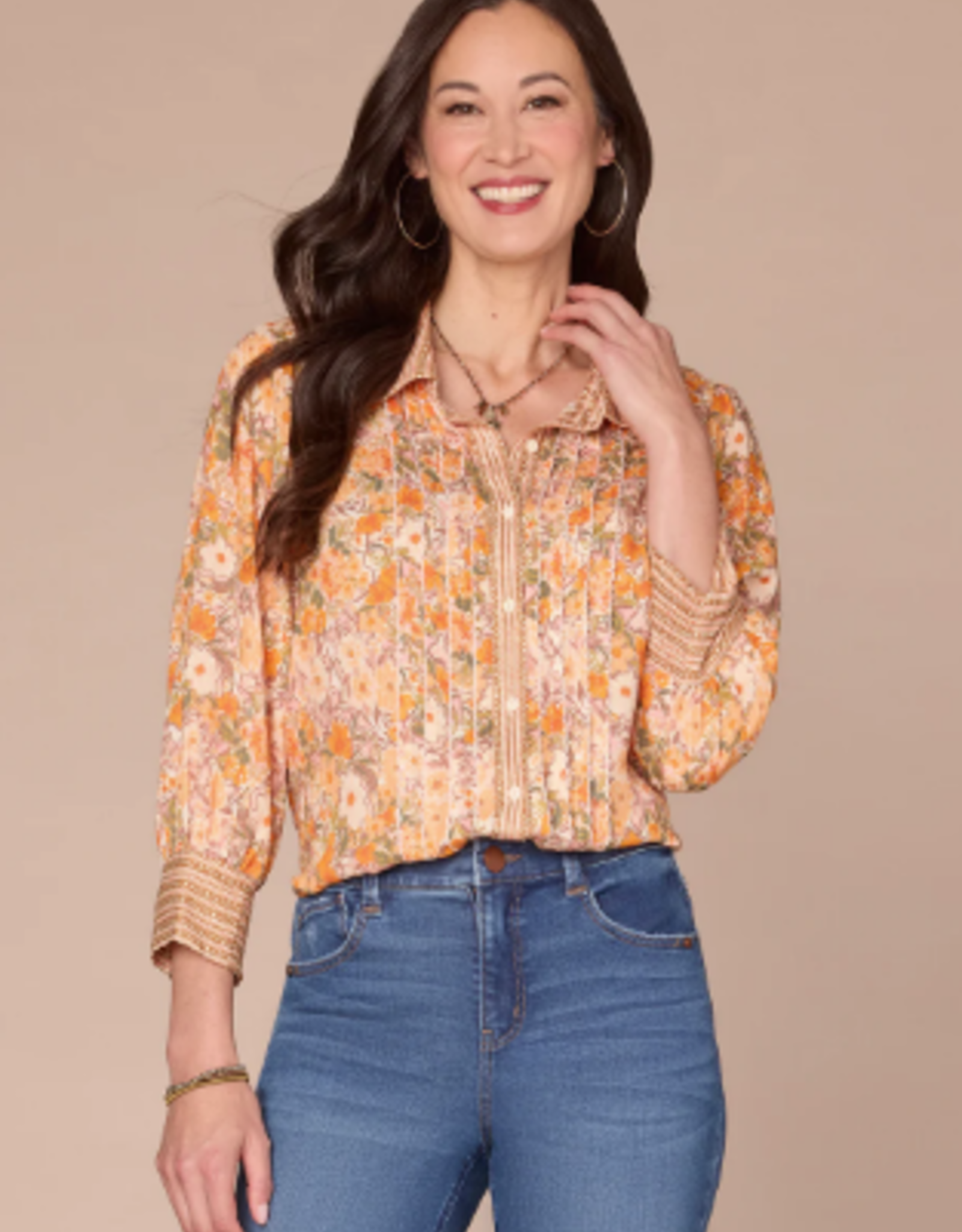 Democracy Democracy  Ivory Squash Multi 3/4 Slv Button Down Woven Shirt W/Scallop Edge Tipping LS