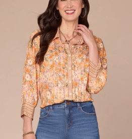 Democracy Democracy Ivory Squash Multi 3/4 Slv Button Down Woven Shirt W/Scallop Edge Tipping LS
