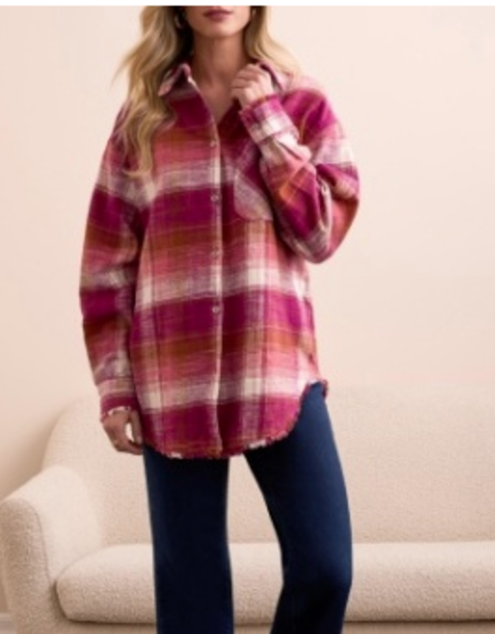 Tribal Tribal Plumwine Plaid Shirt W/Fringe Hem AS