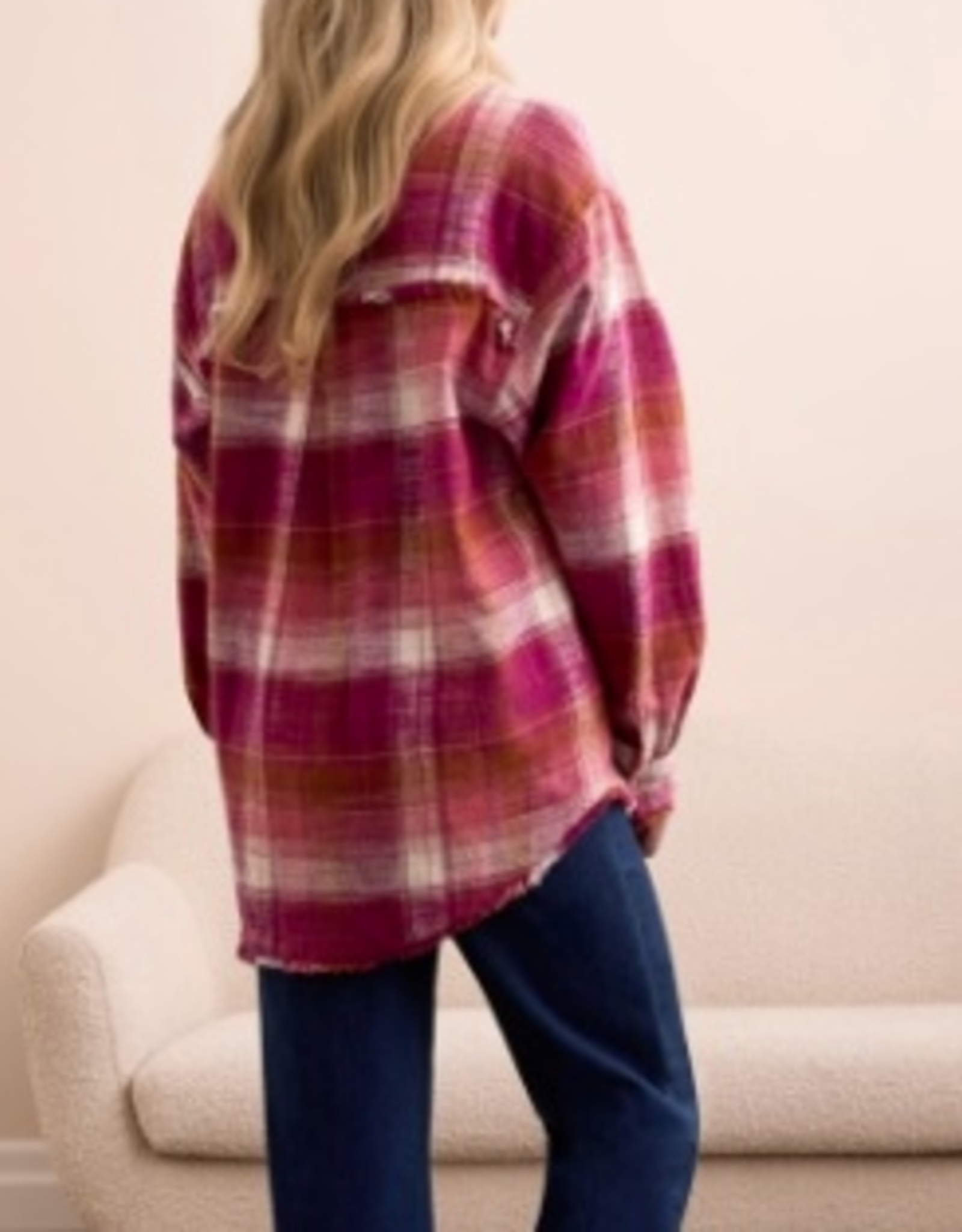 Tribal Tribal Plumwine Plaid Shirt W/Fringe Hem AS