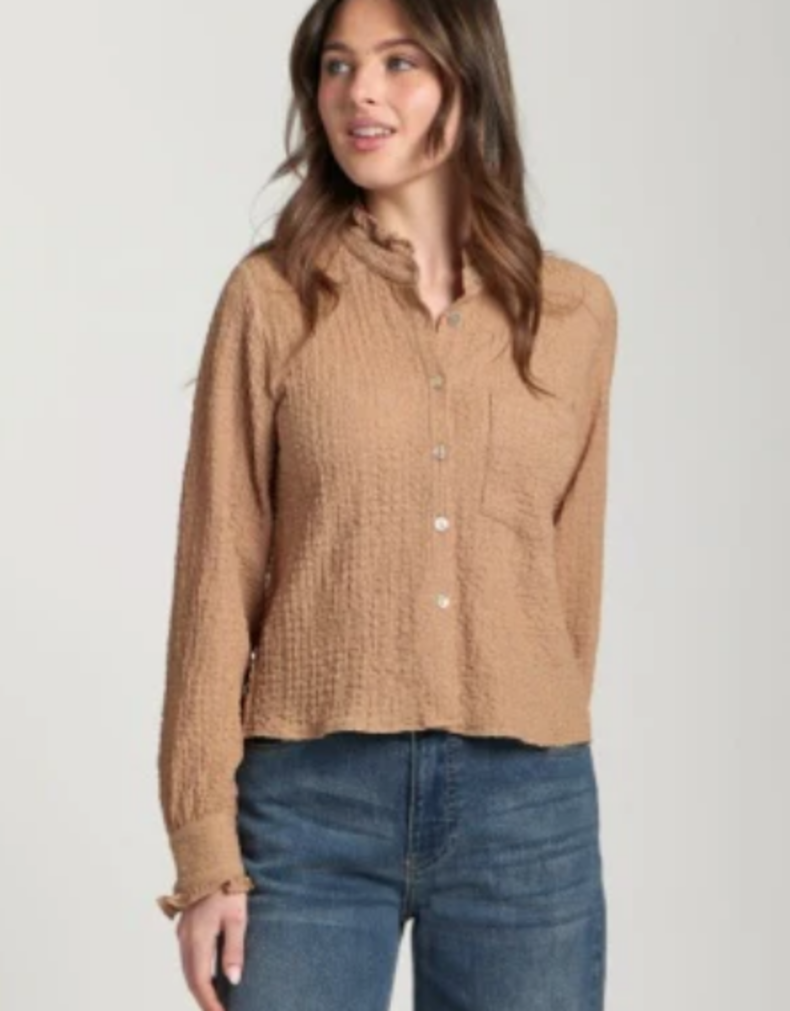 APNY APNY  Latte Cropped Check Shirt W/Ruffle Detail CL