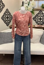 Democracy Democracy  Mahogany Red L/S Emb Scoop Neck Shirttail Hem Print Knit Top LK